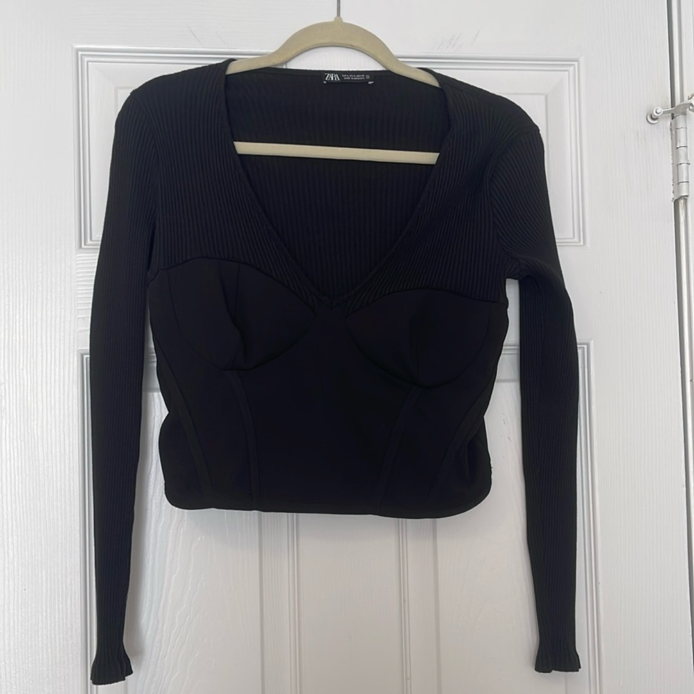 Zara black corset long sleeve crop top